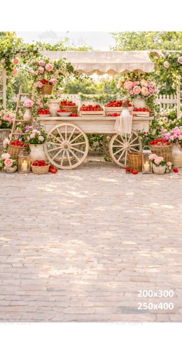 Tło fotograficzne „Romantyczny ogród z truskawkowym straganem i kwiatami” | 4013